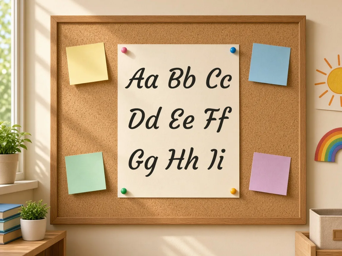 Cursive letters Aa to Ii in Courgette on a practice sheet pinned to a corkboard