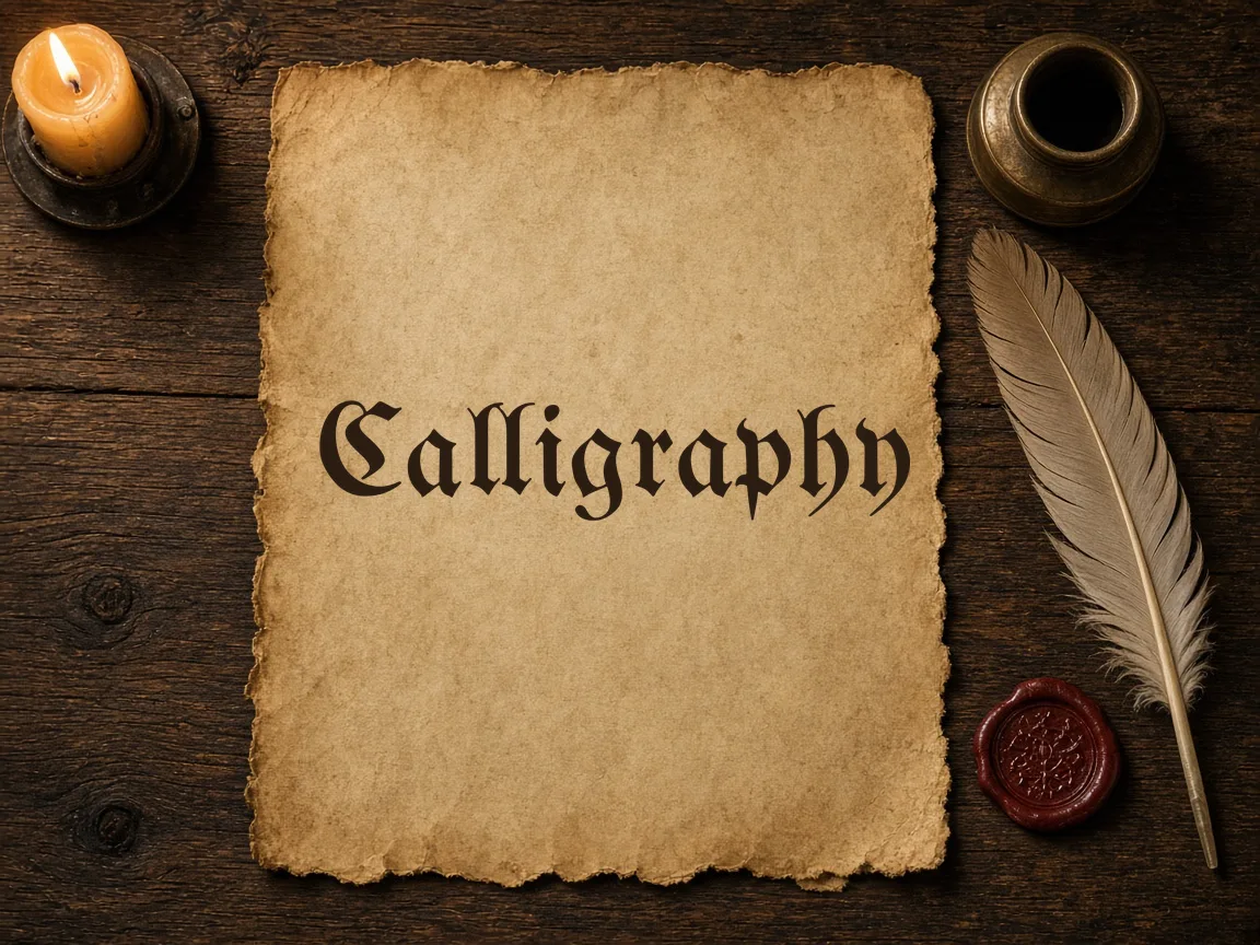 'Calligraphy' in UnifrakturMaguntia blackletter on aged parchment beside a quill and wax seal