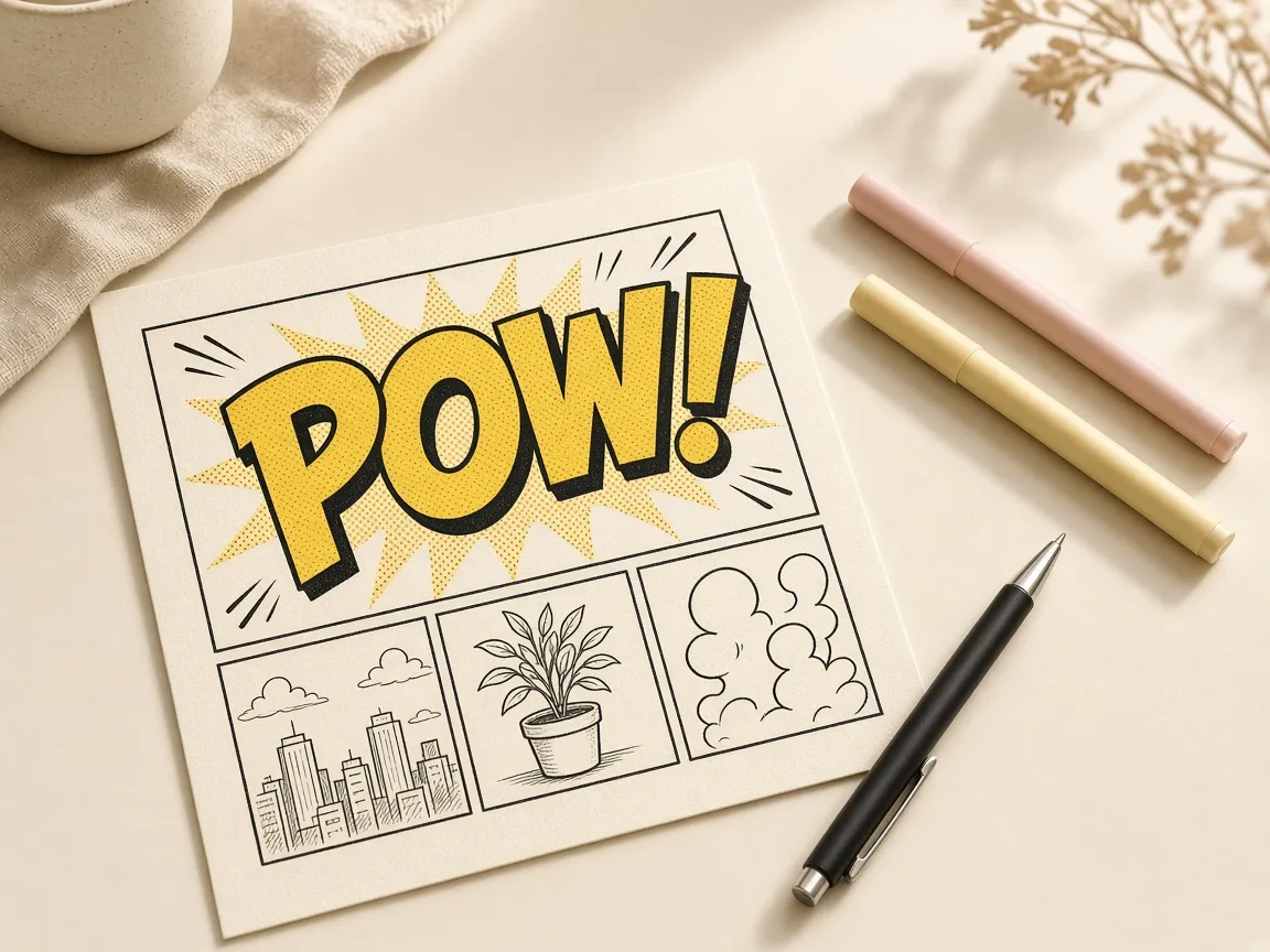 A comic page with a yellow POW! title in bold outlined lettering, next to a pen and pastel markers