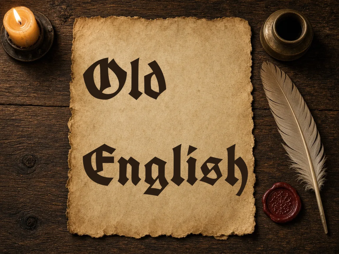 'Old English' in UnifrakturCook blackletter on parchment with a quill and candle
