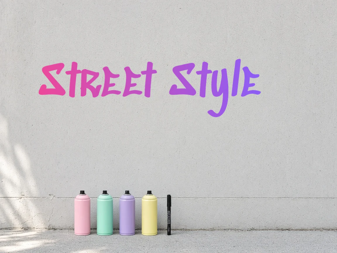 'Street Style' in Sedgwick Ave Display with a pink-to-violet gradient, rendered with Cursive Generator, on a light concrete wall above pastel spray paint cans
