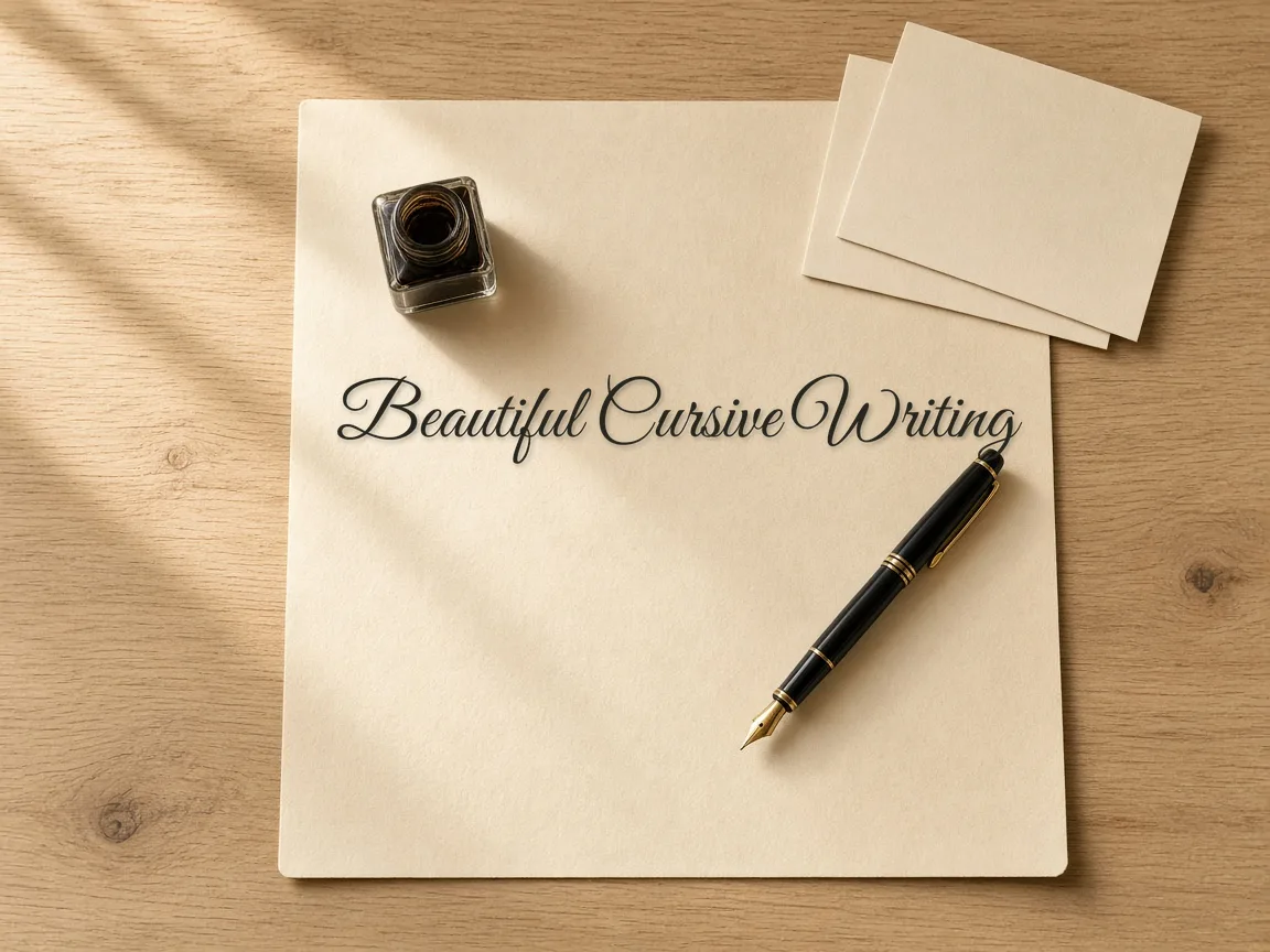 만년필과 잉크병 옆 책상 위, Great Vibes 폰트로 'Beautiful Cursive Writing'이 적힌 크림색 용지