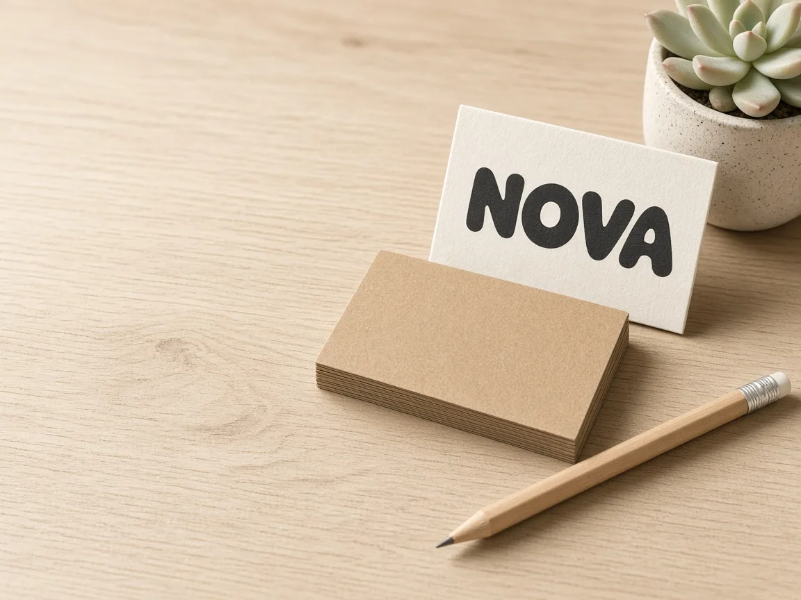 A white card with the bold wordmark NOVA beside kraft business cards, a pencil and a succulent on a light oak desk