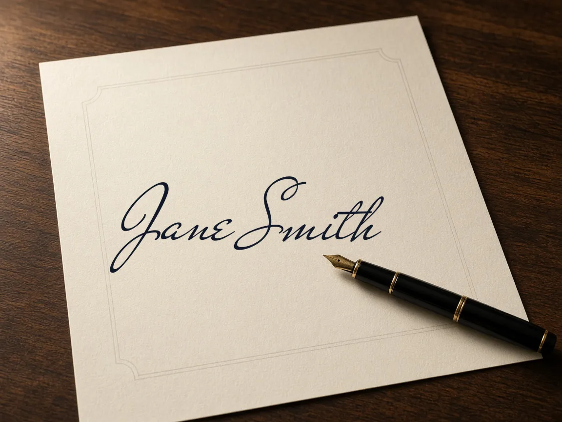 'Jane Smith' as a flowing Mr De Haviland signature on a cream document with a fountain pen