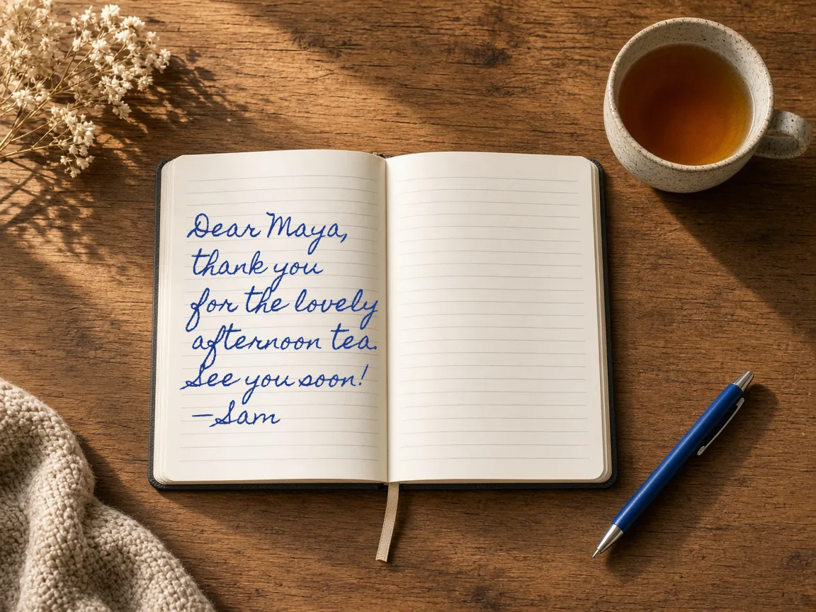 A handwritten-style thank-you note in blue Homemade Apple lettering on an open notebook