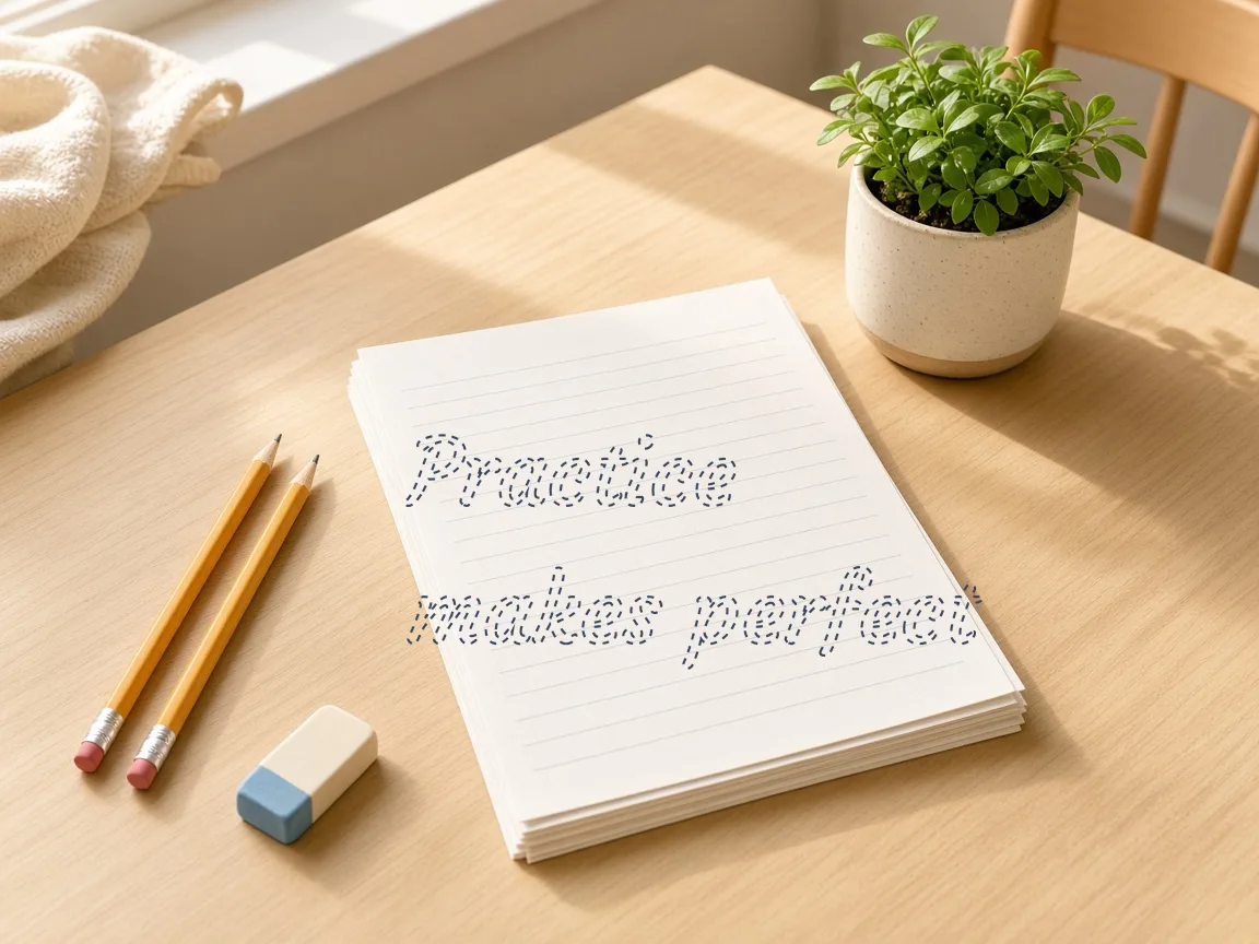 Dashed cursive tracing rows 'Practice makes perfect' on a sheet on a classroom desk