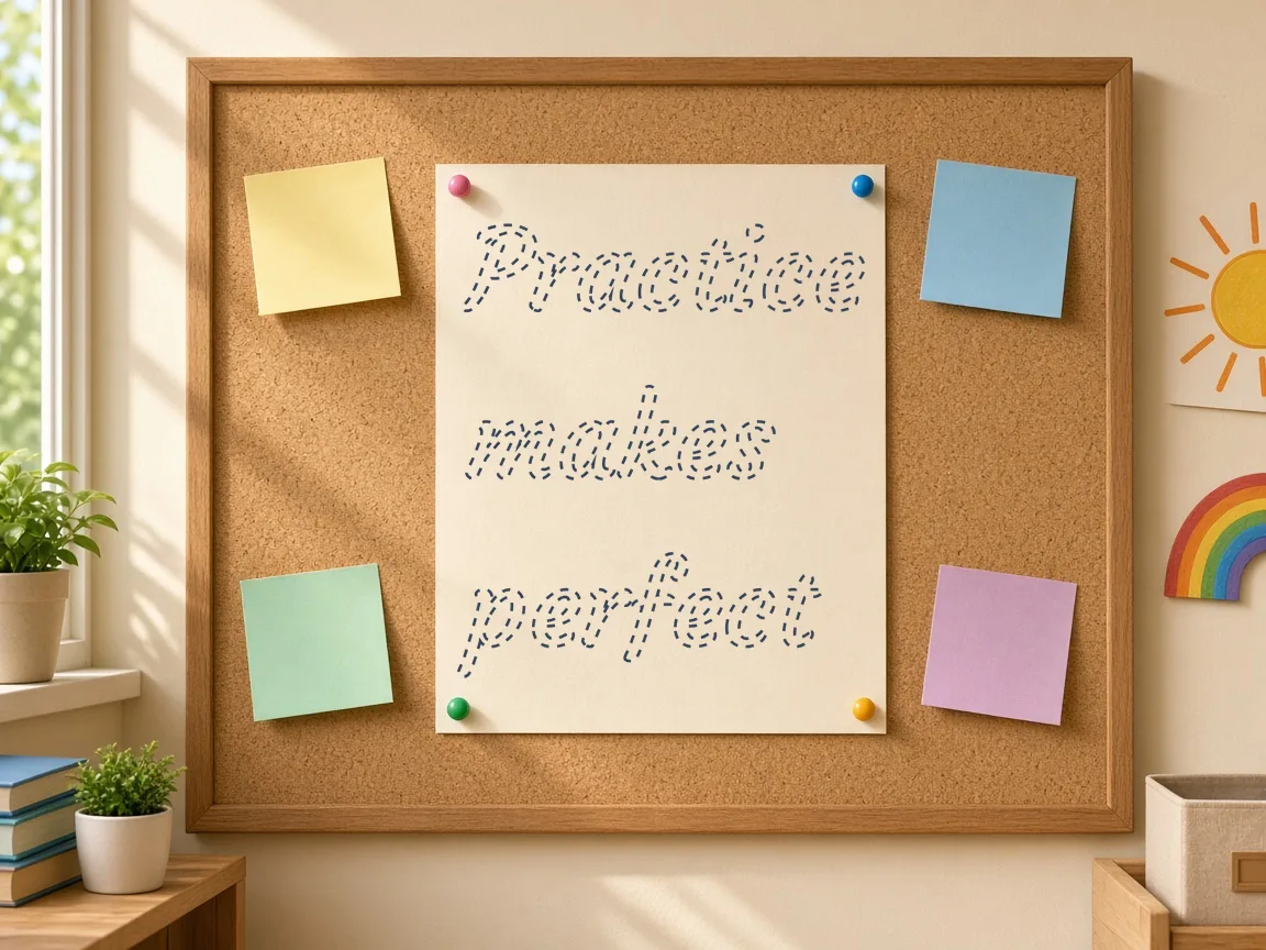 Dashed tracing text 'Practice makes perfect' printed on a sheet pinned to a classroom corkboard