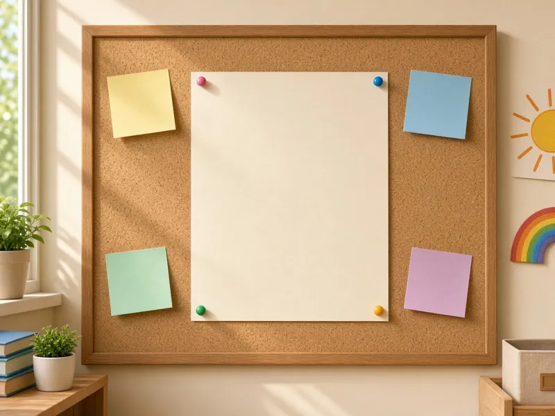 Classroom corkboard with a blank sheet and sticky notes