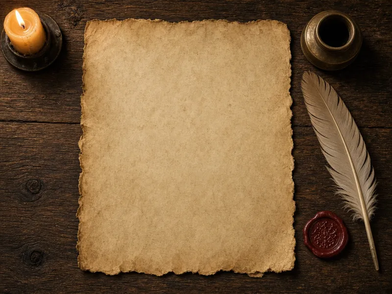 Blank parchment with quill, candle and wax seal